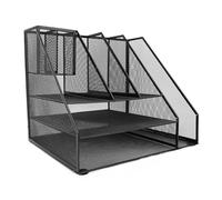Office Desk Organizer Black Iron Mesh 3 Tier Paper Letter Tray 2 Pen Holder and File Organizer Multi Functional Storage for Home Office Work Desk