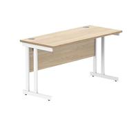 Office Hippo Essentials - Escritorio Rectangular para computadora de Escritura, Escritorio de Oficina en casa con gestión de Puertos de Cable, Roble Canadiense, Marco Blanco, 140 x 60 x 73 cm