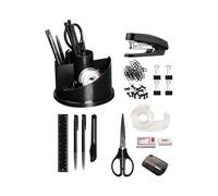 Office Supplies Set, Desk Accessory Organizer Kit, Stapler Set, Rotating Multi-Functional Pen Holder, Tape Dispenser, Pens, Binder Clips, Black