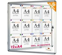 OfficeMarshal Vitrina de 12 x A4, incluye 24 imanes, caja de información para colgar, magnética, pared posterior para escribir, con marco de aluminio