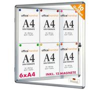 OfficeMarshal Vitrina de 6 x A4, incluye 12 imanes, caja de información para colgar, magnética y pared posterior para escribir, con marco de aluminio