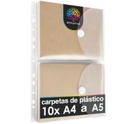 OfficeTree 10x Carpeta Plastico A5 como Formato A4 y 120 Etiquetas de Refuerzo para Agujeros - Sobres Transparentes A5 con Tira para Archivar - Carpeta Fundas Plastico - Sobre Plastico a A4