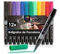 OfficeTree 12 x Rotuladores para Ceramica con Horno - 12 Colores - Rotulador para Vidrio Permanente aptos para Lavavajillas - Rotuladores para Porcelana - Rotulador Cristal Permanente