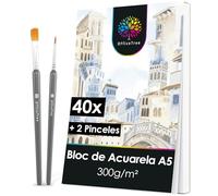 OfficeTree 40x Papel Acuarela A5 300g con 2x Pinceles - Una Cara Lisa y Áspera - 300gr - Bloc de Acuarela A5