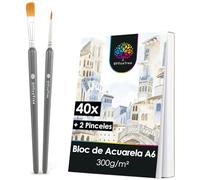 OfficeTree 40x Papel Acuarela A6 300g con 2x Pinceles - Folios Una Cara Lisa y Áspera - 300gr
