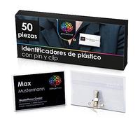 OfficeTree 50 x Identificadores Personales Clip y Pin Integrados - Incluye 50 x Badges Tarjetas para Imprimir - Porta Tarjetas Identificativas de Plástico - Identificador Tarjeta Transparente