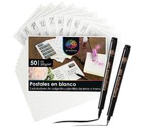 OfficeTree 50 x Tarjetas Postales en Blanco A6 - Tarjetas Blancas para Escribir con 2 Rotulador Caligrafía y 12 Plantillas ABC - Postal Cartas en Blanco - Tarjetas para Escribir Mensajes - Postcards