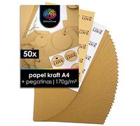 OfficeTree 50x Papel Kraft A4 170g con 40x Pegatinas - Papel Marron - Papel Craft A4 para Manualidades e Impresión - Cartulina Kraft A4 - Papel Carton - Papel para hacer Tarjetas para Invitaciones