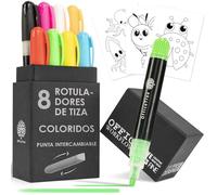OfficeTree 8x Rotuladores de Tiza Liquida Borrable Colores - Puntas Intercambiables de 1mm a 6mm - Rotuladores Cristal Borrable - Rotuladores Tiza Liquida Pizarra Negra - Rotuladores Pizarra Negra