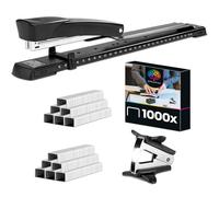 OfficeTree Grapadora de Brazo Largo Rapid con Quitagrapas y 1000 Grapas - Ideal para Folletos y Papel DIN A3 - Negra con Guía de Papel