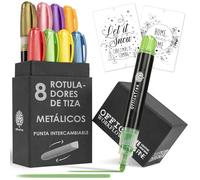 OfficeTree - Juego de 8 Rotuladores Tiza Liquida Metálicos - Punta Reversible - Rotuladores Ventana Borrable - Rotuladores Tiza Liquida Pizarra Negra - Rotuladores de Cristal - Chalk Markers