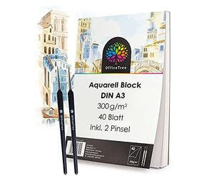 OfficeTree - Papel de acuarela A3-40 hojas con 2 pinceles, papel de acuarela 300 g, hoja A3, bloque de acuarela A3, papel de dibujo A3, hoja A3, color blanco
