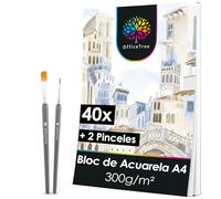OfficeTree Watercolor Paper A4-40 hojas - Papel de acuarela 300 g - Hoja de acuarela A4 - Bloc de acuarela - Papel de dibujo blanco - Hoja de pintura con 2 pinceles gratis