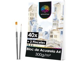OfficeTree Watercolor Paper A4-40 hojas - Papel de acuarela 300 g - Hoja de acuarela A4 - Bloc de acuarela - Papel de dibujo blanco - Hoja de pintura con 2 pinceles gratis