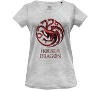 Officiel House of Dragon T-Shirt Femme Dragon Logo Imprimé Cotton Round Neck tee Westeros Inspired Casual Wear Breathable Short Sleeve Top - Targaryen Fan Gift, Gris Melange_Taille L
