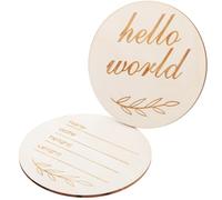OFFIGAM Letrero de Madera Redondo para Anuncio de Nacimiento de Ñiño, Set 2 Piezas Placa Hello World y Placa para Nombre Manuscrita, Accesorio Fotográfico para Recién Nacido, Obsequio