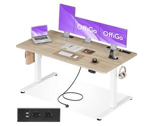 OffiGo Escritorio Elevable, 160x80cm Mesa Elevable Escritorio con Enchufes y Carga USB, Mesa Regulable Altura con 2 Memorias, Standing Desk para Oficina, Casa, Juegos, Beige