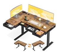 OffiGo Escritorio Elevable Esquinero, 140x80cm Mesa Escritorio Electrico con 4 Cajones, Mesa Escritorio en L con Enchufe para Casa, Oficina, Lugar de Trabajo, Marrón Rústico