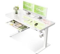 OffiGo Mesa Elevable Eléctrica, 140 x 60 cm, Tablero de Cristal de una Pieza, Escritorio de Vidrio con Cajón y Puertos USB y Type-C, Mesa de Pie/Sentado, para Hogar y Oficina, Blanco