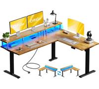 OffiGo Mesa Escritorio Elevable, 150x120cm Electrico Escritorio en L con Soporte para Monitor, Mesa Esquinero Regulable Altura con Enchufes,Standing Desk con LED para Estación en Oficinca, Marrón