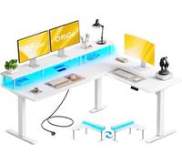 OffiGo Mesa Escritorio Elevable, 150x120cm Electrico Escritorio en L con Soporte para Monitor, Mesa Esquinero Regulable Altura con Enchufes,Standing Desk con LED para Estación en Oficinca, Blanco