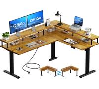 OffiGo Mesa Escritorio Elevable, 150x120cm Electrico Escritorio Esquinero con Toma de Corriente, Mesa Regulable Altura con Soporte para Monitor, Marrón Rústico