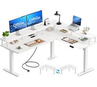 OffiGo Mesa Escritorio Elevable, 150x120cm Electrico Escritorio Esquinero con Toma de Corriente, Mesa Regulable Altura con Soporte para Monitor, Blanco