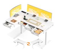 OffiGo Mesa Escritorio Elevable Esquinero, 140x80cm Mesa Escritorio Electrico con 4 Cajones, Mesa Escritorio en L con Enchufe para Casa, Oficina, Lugar de Trabajo, Blanco