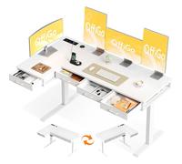 OffiGo Mesa Escritorio Elevable Esquinero, 160x80cm Mesa Escritorio Electrico con 4 Cajones, Mesa Escritorio en L con Enchufe para Casa, Oficina, Lugar de Trabajo, Blanco