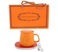 OFFSCH Calentador de Tazas Eléctrico USB 5v con Apagado Automático, Juego de Taza Cerámica Naranja para Café, Leche y Té, Termo Portátil para Oficina y Hogar, Obsequio Práctico para