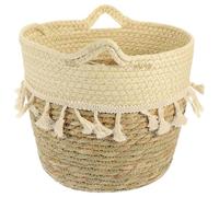 OFFSCH Cesta de Almacenamiento Grande de Fibra Vegetal Tejida a Mano Flecos Verdes y Pompones de Algodón, Organizador para Baño, Oficina y Decoración del Hogar, Caja Tejida para