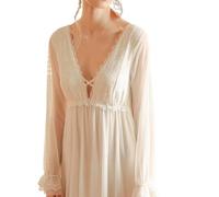 OFFSUM Camisón De Pijama De Mujer - Camisón De Encaje con Cuello En V para Primavera Y Otoño Camisón Cómodo De Color Sólido Vestido Elegante Vintage Ropa De Dormir A La Moda Blanco XL
