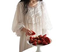 OFFSUM Camisón De Pijama De Mujer - Elegante Hermoso Camisón Princesa Casual Algodón Camisón Primavera Otoño Retro Palacio Dulce Lencería Vestido Ropa, Blanco, M