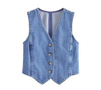 OFFSUM Chaleco De Mezclilla De Mujer - Chaleco Vaquero De Color Liso Sin Mangas Con Cuello En V Chaqueta De Un Solo Pecho Estilo Coreano Informal Para Primavera Y Verano Azul M