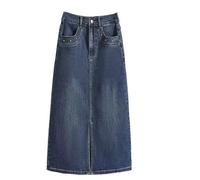 OFFSUM Falda Vaquera Elástica para Mujer - Falda Vaquera Recta De Cintura Alta De Talla Grande Estilo Coreano con Abertura Frontal Largo Medio Línea A con Bolsillo Azul 5XL