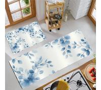OFFSUM Juego De Alfombras De Cocina De 2 Piezas Flores Azules Juego De 2 Alfombrillas De Cocina Antideslizantes Y Lavables para Pasillo Entrada Y Dormitorio. 40X60Cm+40X120Cm