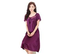OFFSUM Moda Cuello Redondo Color Sólido Tamaño Grande Satén Bordado Ropa De Dormir Verano Clásico Camisón Sexy Ropa De Casa Púrpura 3XL