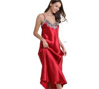 OFFSUM Tallas Grandes Moda Casual Satén Encaje Bordado Tirantes con Cuello En V Ropa De Dormir Sexy Verano Sin Mangas Lencería Camisón Rojo XXL