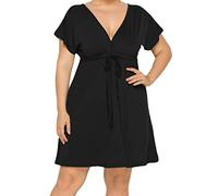 OFFSUM Vestido Verano De Mujer - Vestidos De Manga Corta para Mujer, Sexy, De Color Sólido, con Cuello En V, con Cintura Elástica, Informal, Cómodo, De Talla Grande, Elegante, Ropa De Calle, Neg