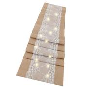 Ofggd Camino de mesa ajustable de arpillera con luz LED, acento de encaje de poliéster resistente para vacaciones, cenas, fiestas, decoración de casa de campo, decoración de mesa