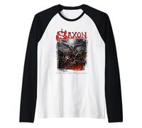 Oficial Saxon Hell Fire Heavy Metal Band Vintage Retro Camiseta Manga Raglan