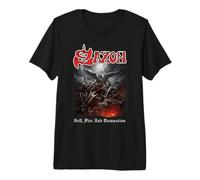 Oficial Saxon Hell Fire Heavy Metal Band Vintage Retro Camiseta Premium