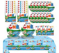 Ofishally One - Suministros para fiesta de cumpleaños sirve 24 platos de papel para primera fiesta, juego de servilletas de platos de papel de pescador pequeño, kit de vajilla para decoración de baby