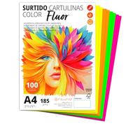 Ofituria Cartulina A4 de Colores - 185g/m2 para Manualidades, Educación, Hogar, Arte o Empresas - Surtido Flúor (100 Cartulinas)