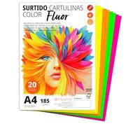 Ofituria Cartulina A4 de Colores - 185g/m2 para Manualidades, Educación, Hogar, Arte o Empresas - Surtido Flúor (25 Cartulinas)