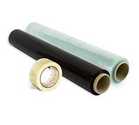 OFITURIA Pack 2 Film Embalaje de Colores + Cinta Adhesiva Transparente, Rollo Elástico 50cm Extensible hasta 300m, Protector para Mudanzas Y embalajes (Negro y Transparente + Cinta)