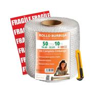 OFITURIA Papel Burbujas Embalaje 50cm x 10m - Kit Embalaje Completo con Cutter + 12 Etiquetas FRÁGIL - kit completo para mudanza, embalaje, plástico de burbujas