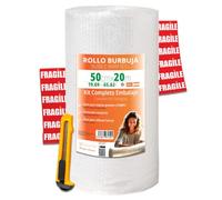 OFITURIA Papel Burbujas Embalaje 50cm x 20m - Kit Embalaje Completo con Cutter + 12 Etiquetas FRÁGIL - kit completo para mudanza, embalaje, plástico de burbujas