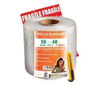 OFITURIA Papel Burbujas Embalaje 50cm x 40m - Kit Embalaje Completo con Cutter + 12 Etiquetas FRÁGIL - kit completo para mudanza, embalaje, plástico de burbujas