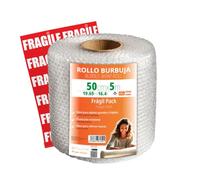 OFITURIA Papel Burbujas Embalaje 50cm x 5m - Pack Frágil con 12 Etiquetas FRÁGIL - ideal para embalaje, papel burbuja, mudanza, bubble wrap